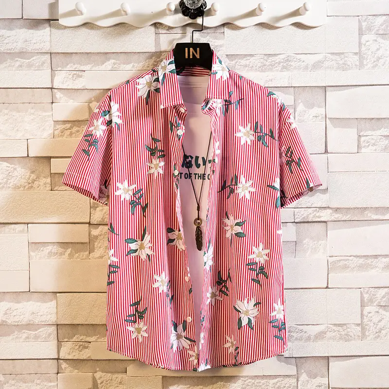 Men's Printed Lapel Shirt Grey Floral Summer - Image 26