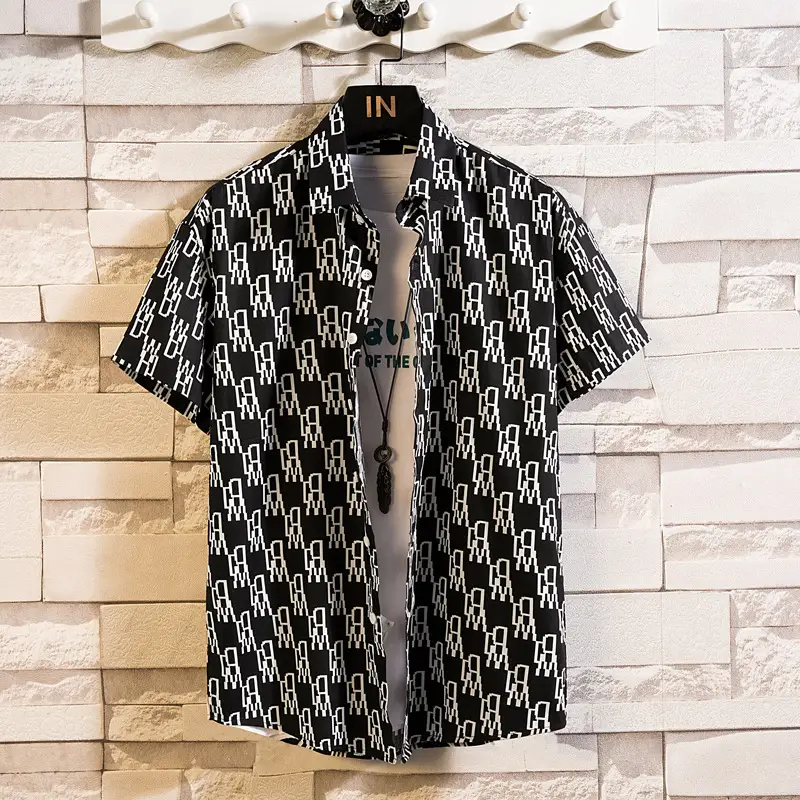 Men's Printed Lapel Shirt Grey Floral Summer - Image 27