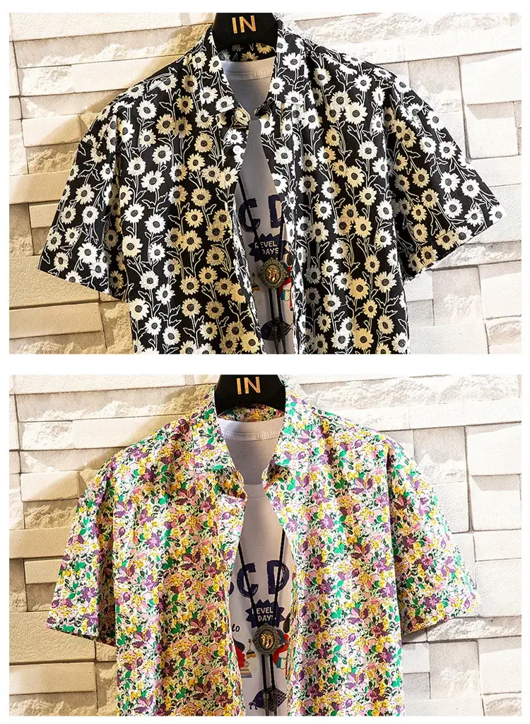 Men's Printed Lapel Shirt Grey Floral Summer — feature 24