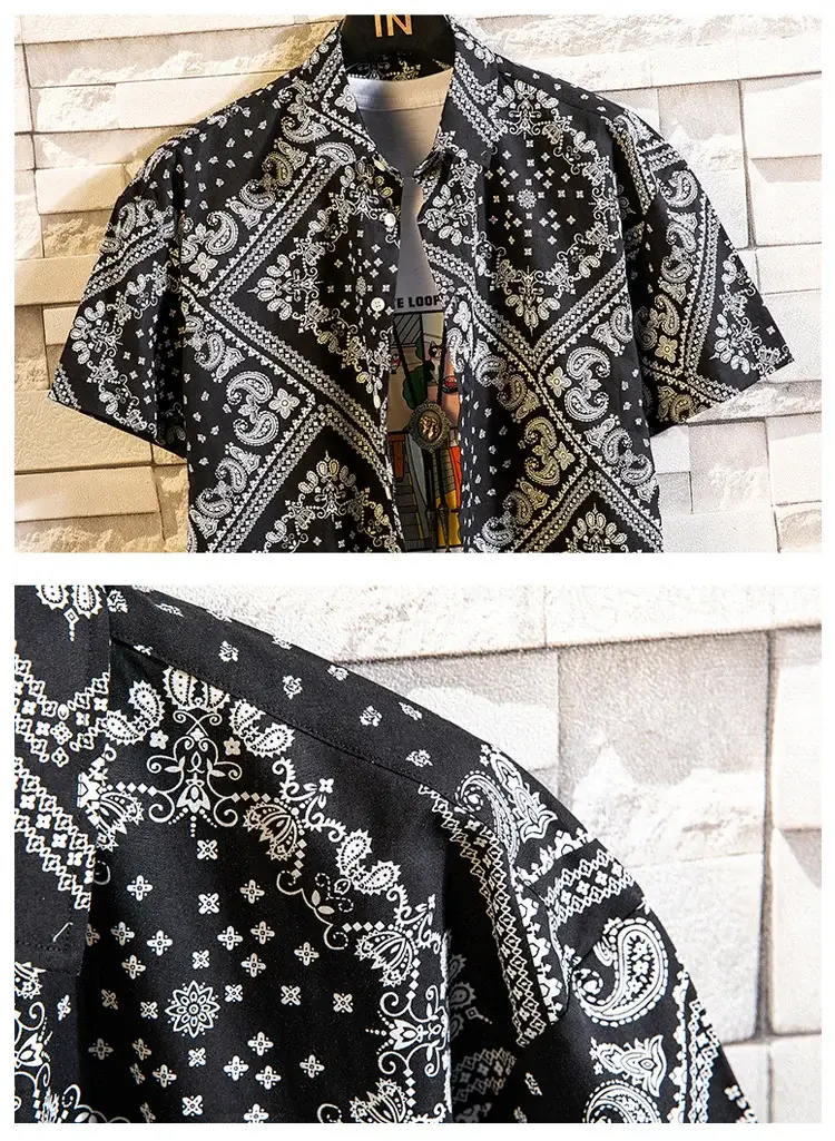 Men's Printed Lapel Shirt Grey Floral Summer — feature 26
