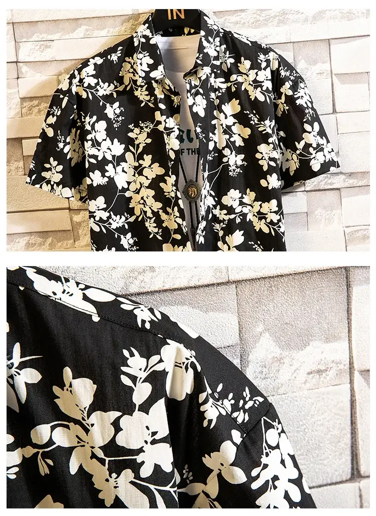 Men's Printed Lapel Shirt Grey Floral Summer — feature 29