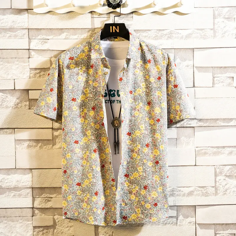 Men's Printed Lapel Shirt Grey Floral Summer - Image 10