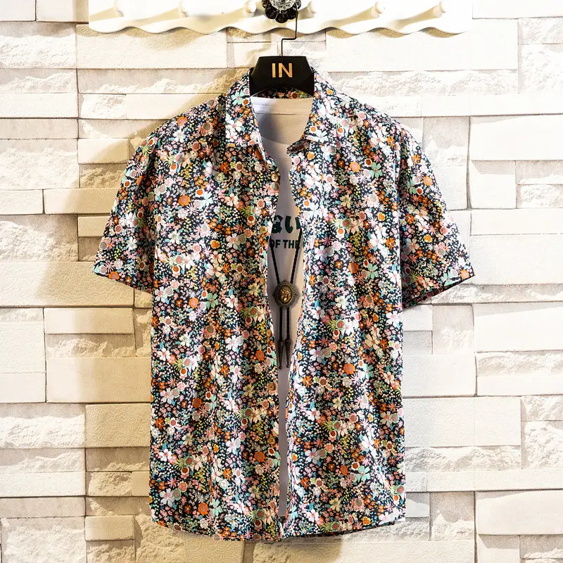 Men's Printed Lapel Shirt Grey Floral Summer - Image 11