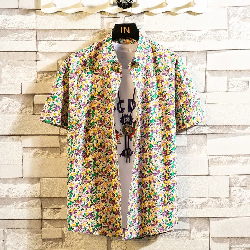 Men's Printed Lapel Shirt Grey Floral Summer - Image 12