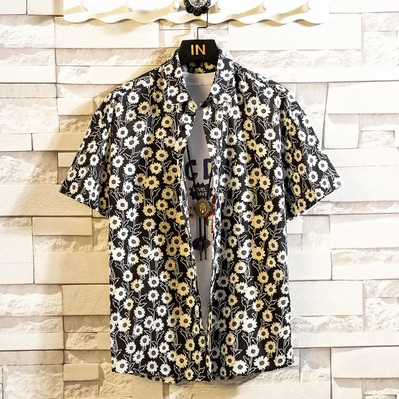 Men's Printed Lapel Shirt Grey Floral Summer - Image 13