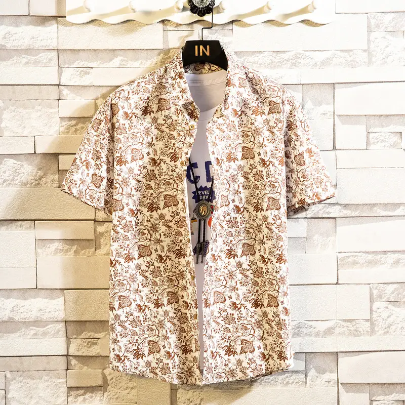 Men's Printed Lapel Shirt Grey Floral Summer - Image 14