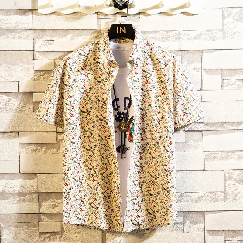 Men's Printed Lapel Shirt Grey Floral Summer - Image 15