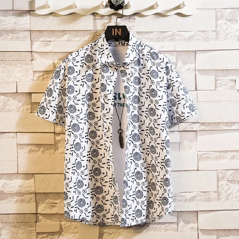 Men's Printed Lapel Shirt Grey Floral Summer - Image 16