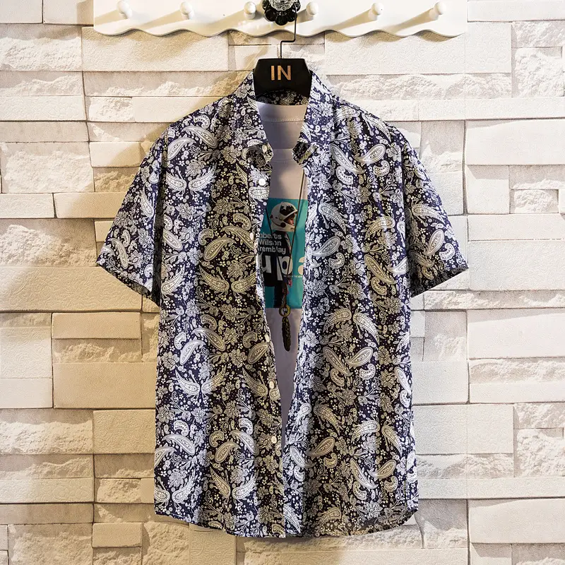 Men's Printed Lapel Shirt Grey Floral Summer - Image 17