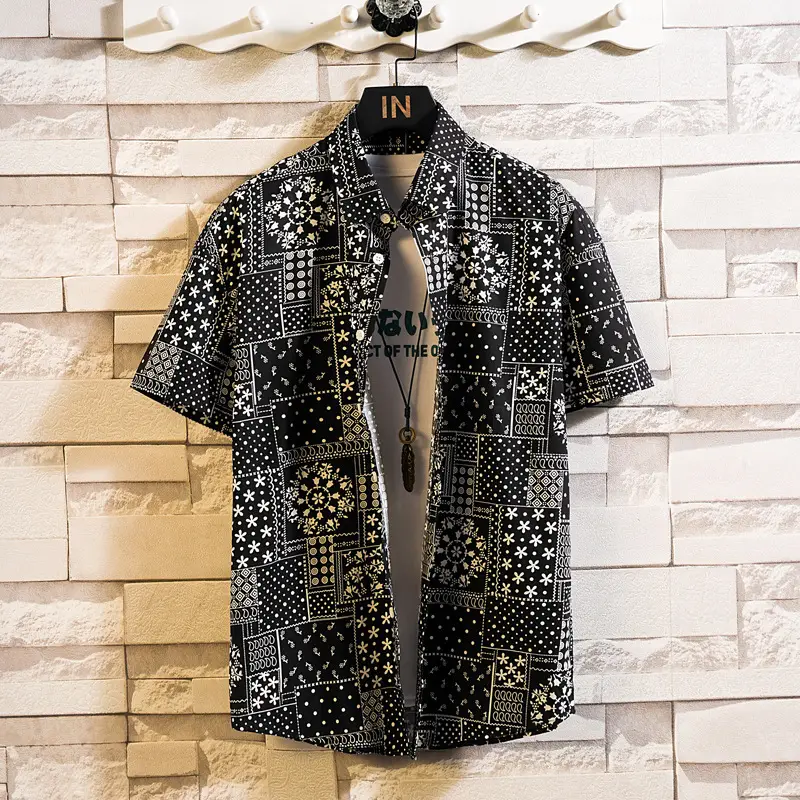 Men's Printed Lapel Shirt Grey Floral Summer - Image 18