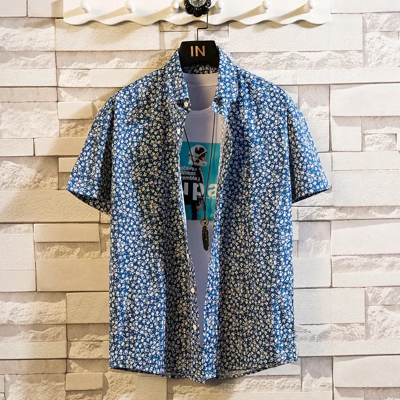 Men's Printed Lapel Shirt Grey Floral Summer - Image 19