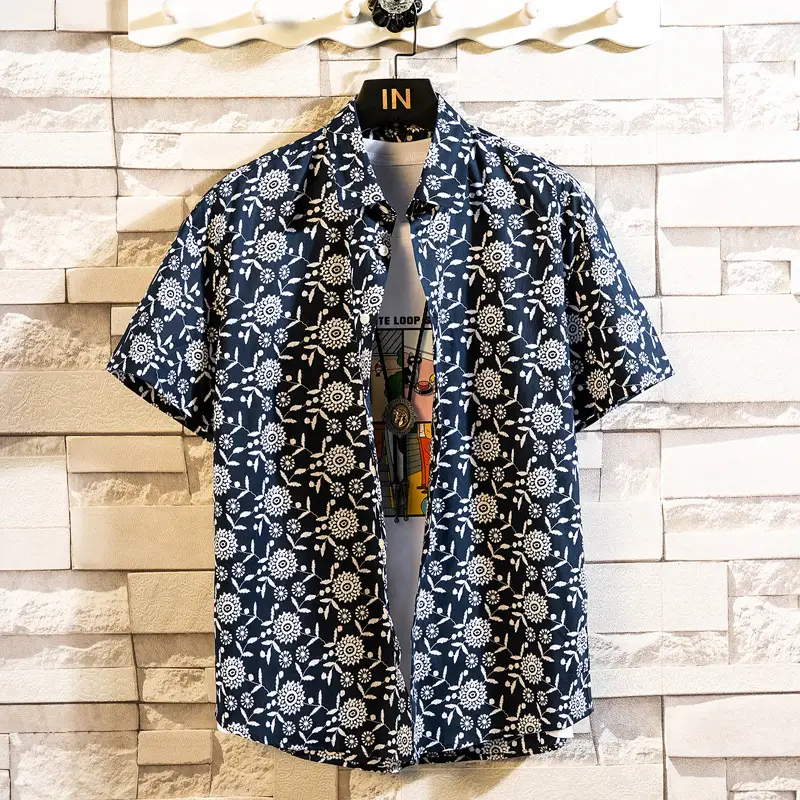 Men's Printed Lapel Shirt Grey Floral Summer - Image 2