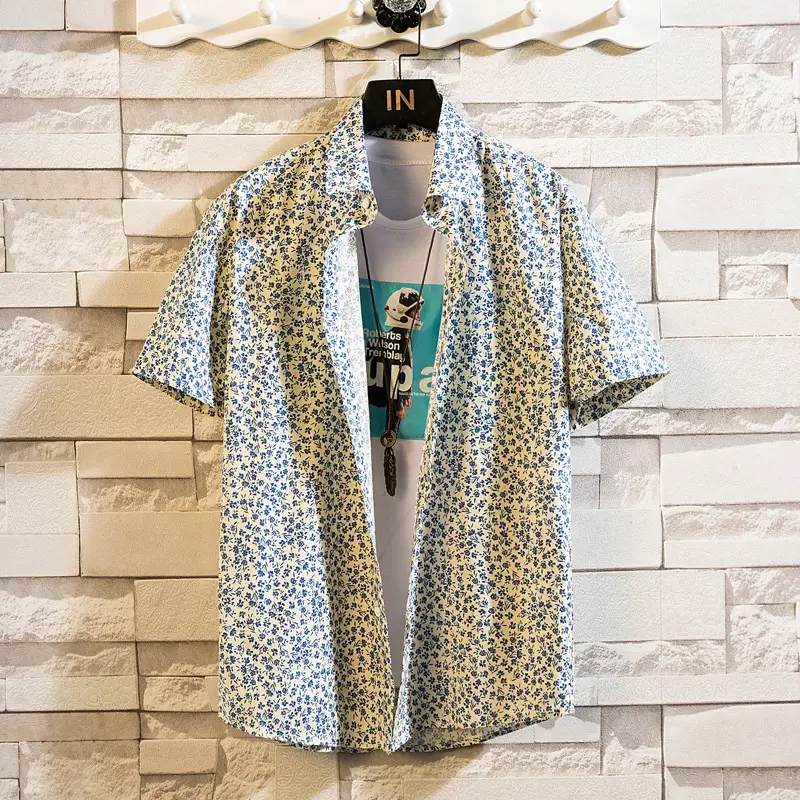 Men's Printed Lapel Shirt Grey Floral Summer - Image 20