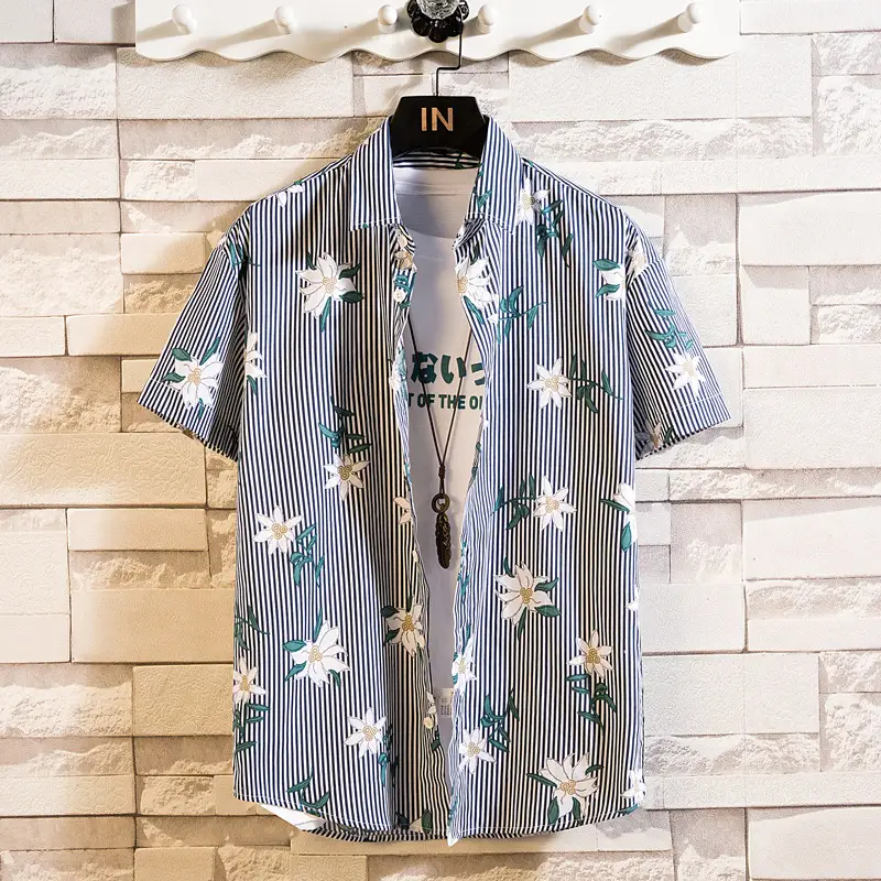 Men's Printed Lapel Shirt Grey Floral Summer - Image 22