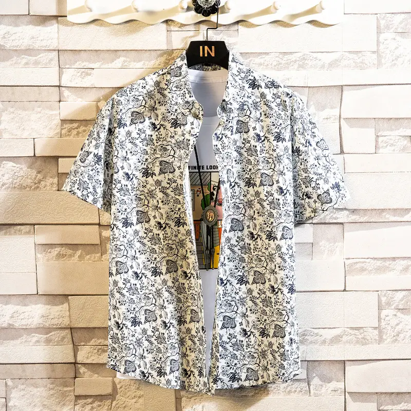 Men's Printed Lapel Shirt Grey Floral Summer - Image 3