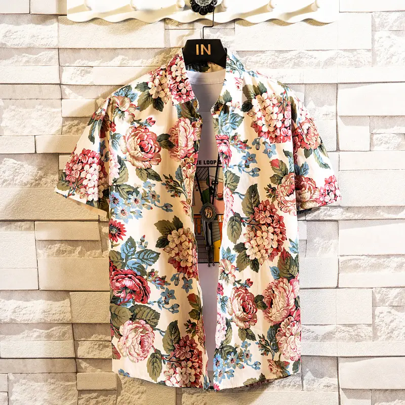 Men's Printed Lapel Shirt Grey Floral Summer - Image 5