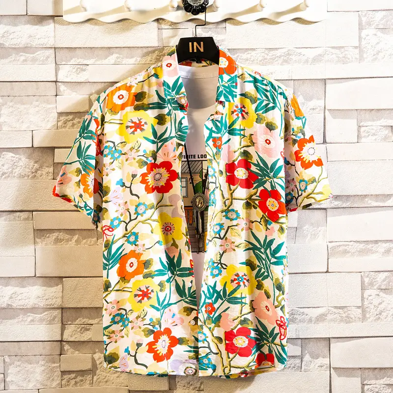 Men's Printed Lapel Shirt Grey Floral Summer - Image 6
