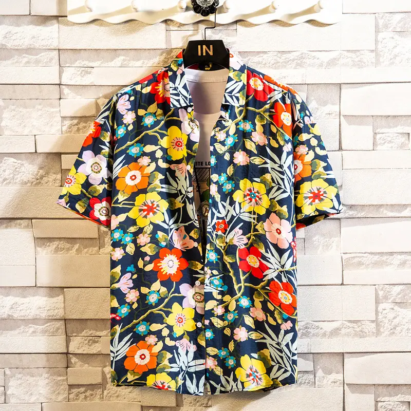 Men's Printed Lapel Shirt Grey Floral Summer - Image 7