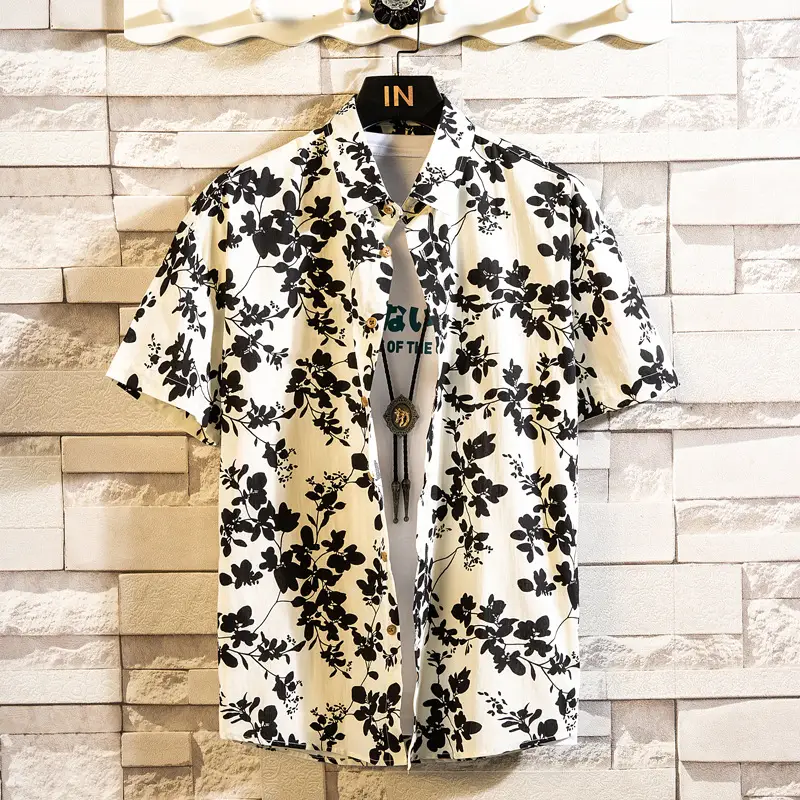 Men's Printed Lapel Shirt Grey Floral Summer - Image 8