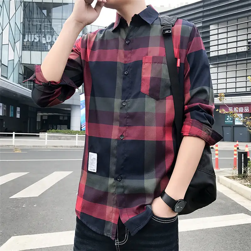 Men's Red Black Plaid Long Sleeve Shirt - Image 24