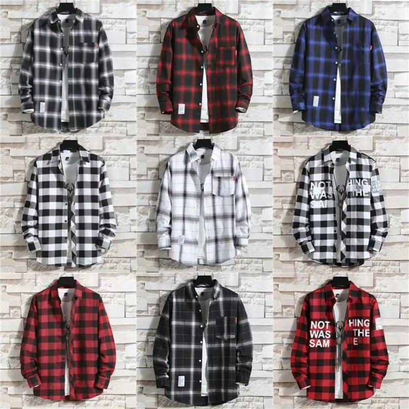 Men's Red Black Plaid Long Sleeve Shirt - Image 26