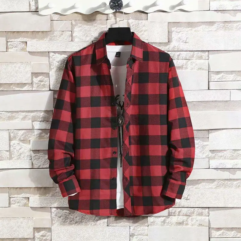 Men's Red Black Plaid Long Sleeve Shirt - Image 19
