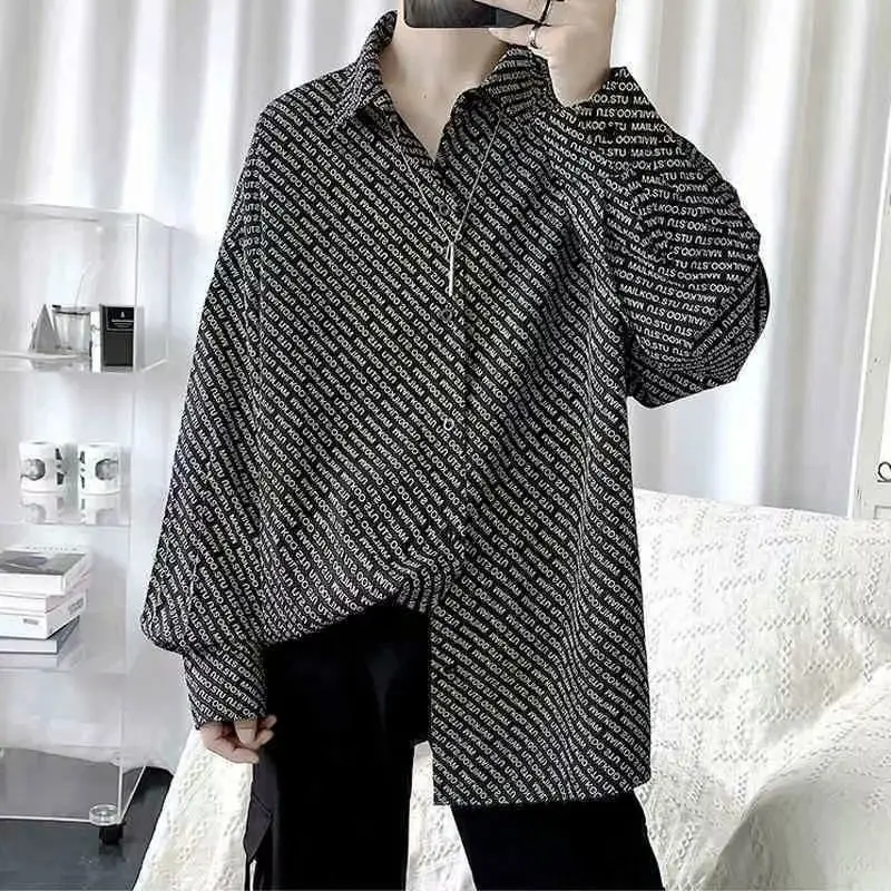 Men Korean Floral Loose Shirt Black White Pattern