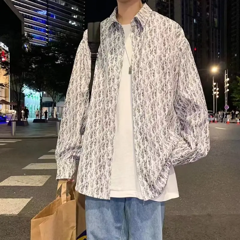 Men Korean Floral Loose Shirt Black White Pattern