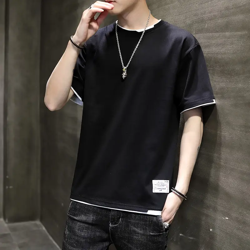 Men Pure Cotton Short Sleeve T-Shirt Black Loose Trendy