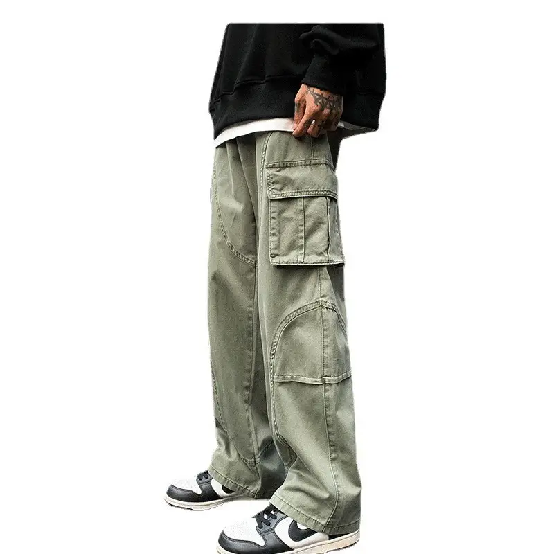 Men's Green Cargo Pants Wide Leg Straight Fit