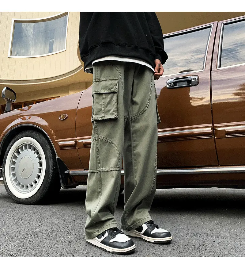 Men's Green Cargo Pants Wide Leg Straight Fit — feature 10