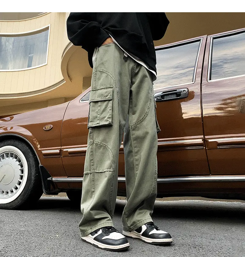 Men's Green Cargo Pants Wide Leg Straight Fit — feature 11