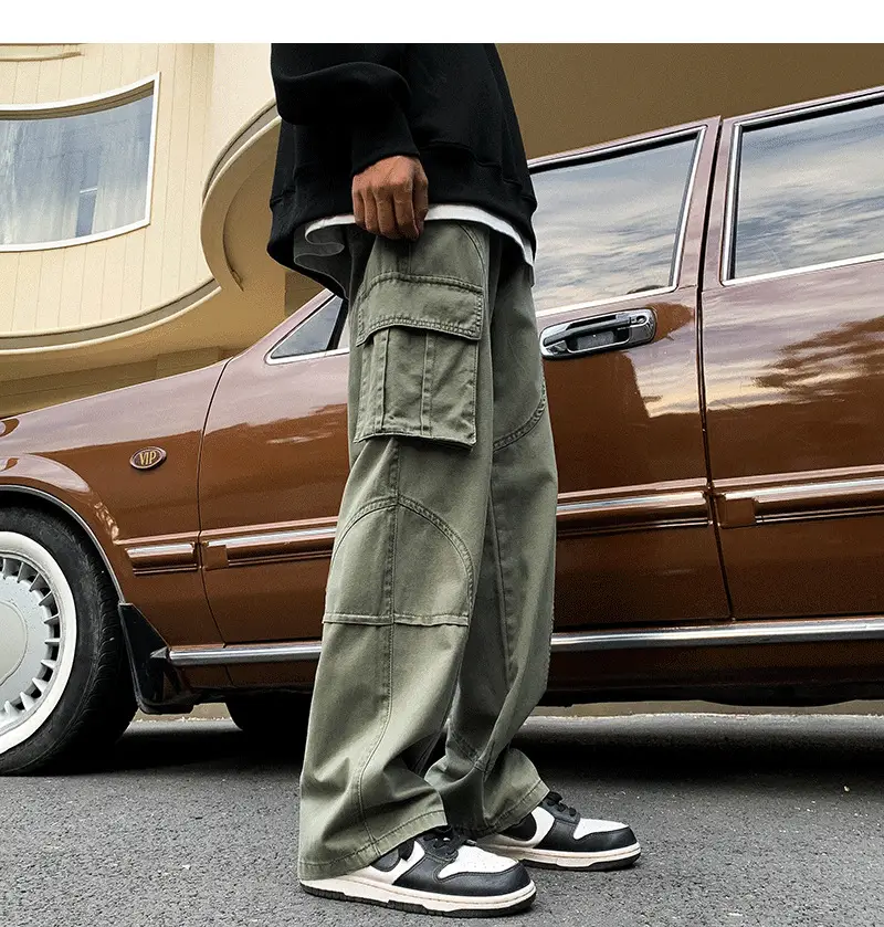 Men's Green Cargo Pants Wide Leg Straight Fit — feature 12