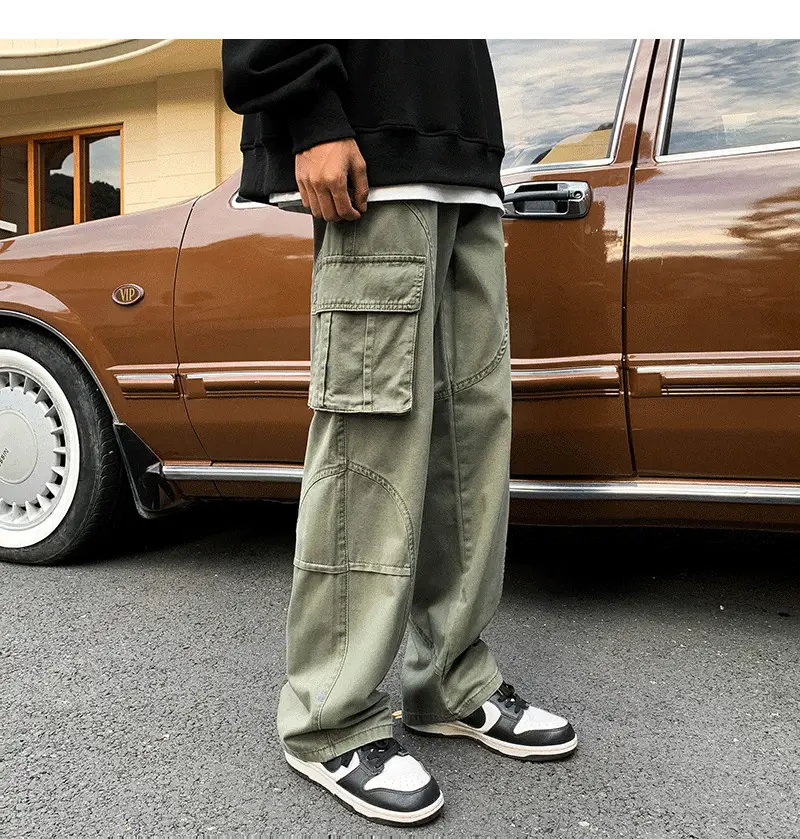 Men's Green Cargo Pants Wide Leg Straight Fit — feature 13