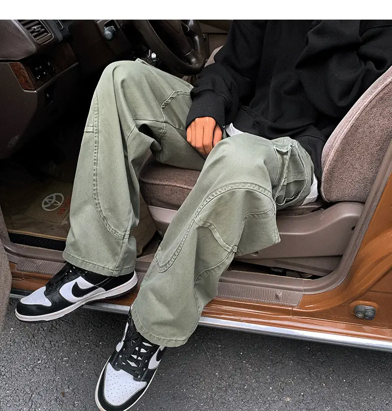 Men's Green Cargo Pants Wide Leg Straight Fit — feature 14