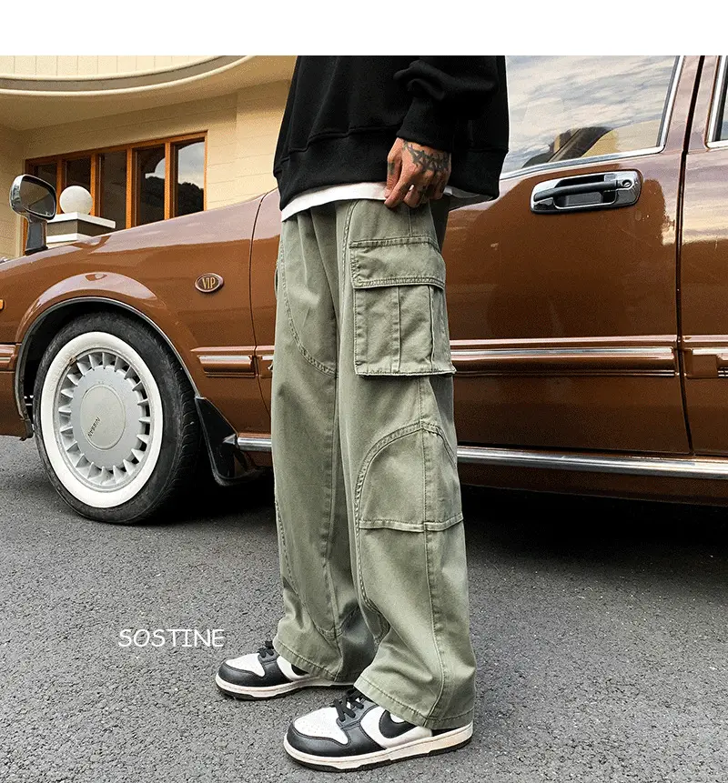 Men's Green Cargo Pants Wide Leg Straight Fit — feature 7