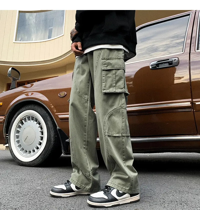 Men's Green Cargo Pants Wide Leg Straight Fit — feature 9