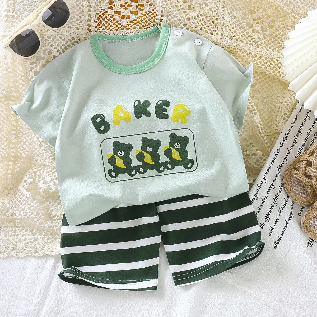 Girls Cotton Bear Print Shorts Suit Summer Wear - Image 2