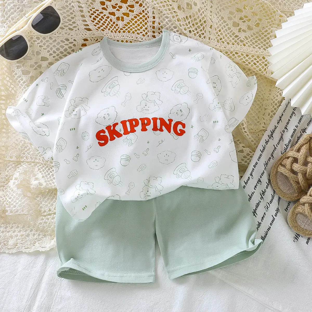 Girls Cotton Bear Print Shorts Suit Summer Wear - Image 4