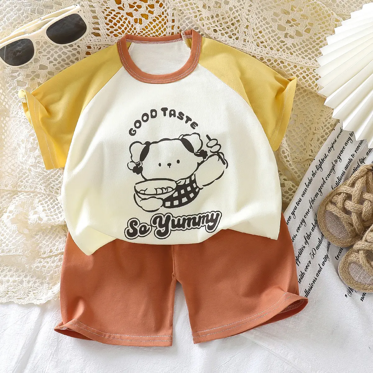 Girls Cotton Bear Print Shorts Suit Summer Wear - Image 5