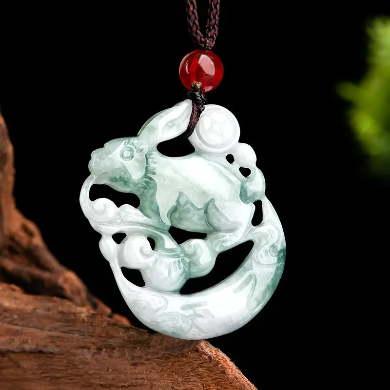 Natural Burma Jade Floating Flower Rabbit Pendant for Men Women - Image 2