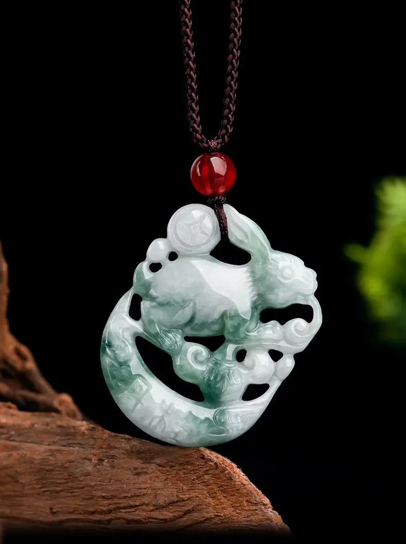 Natural Burma Jade Floating Flower Rabbit Pendant for Men Women — feature 1
