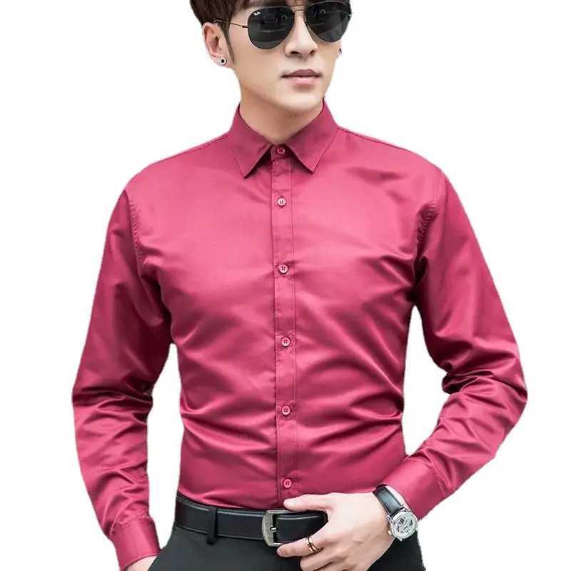 Men's Long Sleeve Plain Shirt Maroon Slim Fit - Image 8