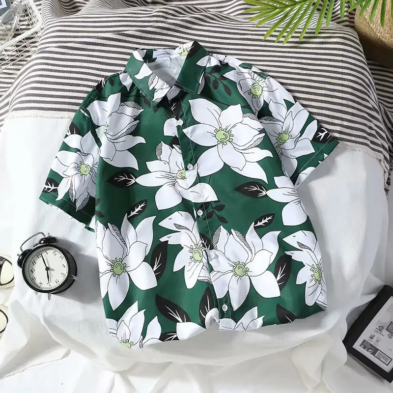 Men Floral Short Sleeve Shirt Green White Summer Wear