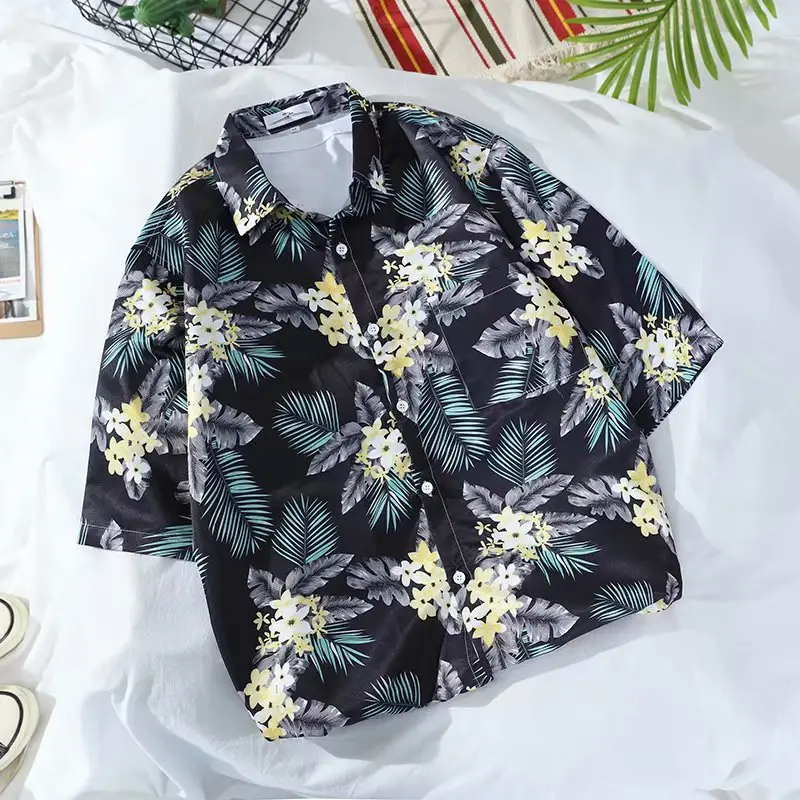 Men Floral Short Sleeve Shirt Green White Summer Wear