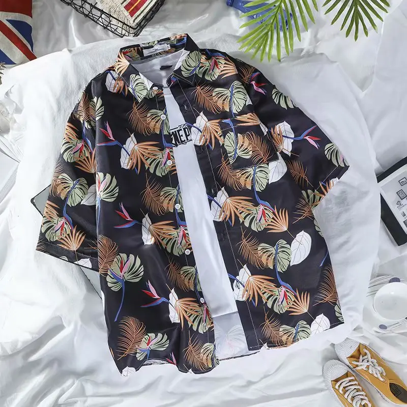 Men Floral Short Sleeve Shirt Green White Summer Wear