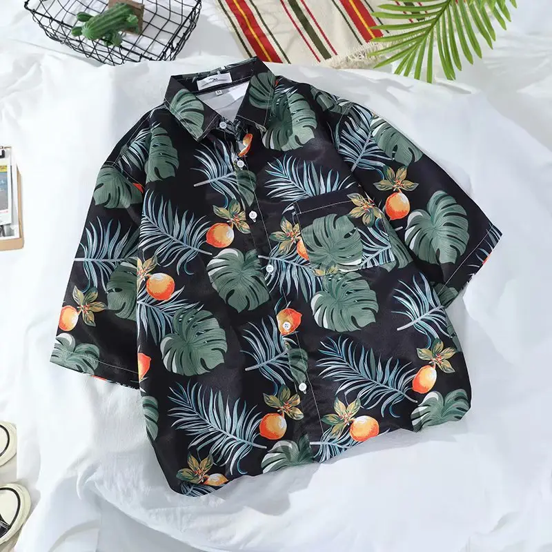 Men Floral Short Sleeve Shirt Green White Summer Wear