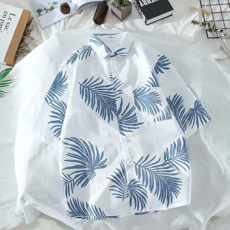 Men Floral Short Sleeve Shirt Green White Summer Wear