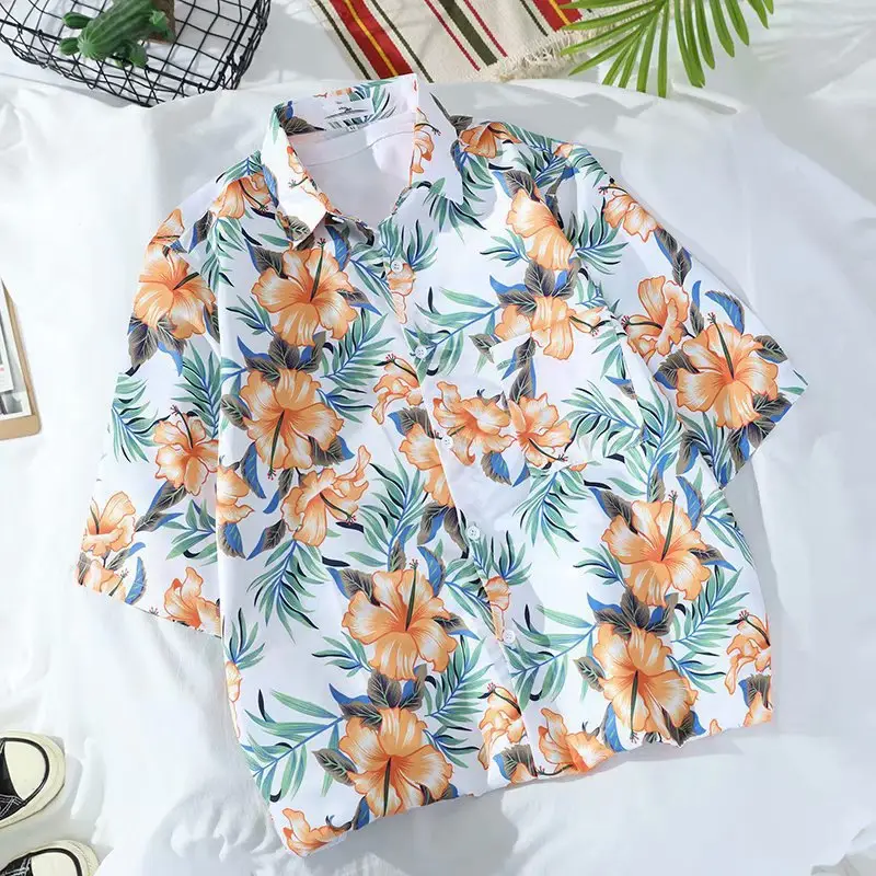 Men Floral Short Sleeve Shirt Green White Summer Wear