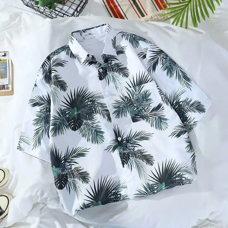 Men Floral Short Sleeve Shirt Green White Summer Wear